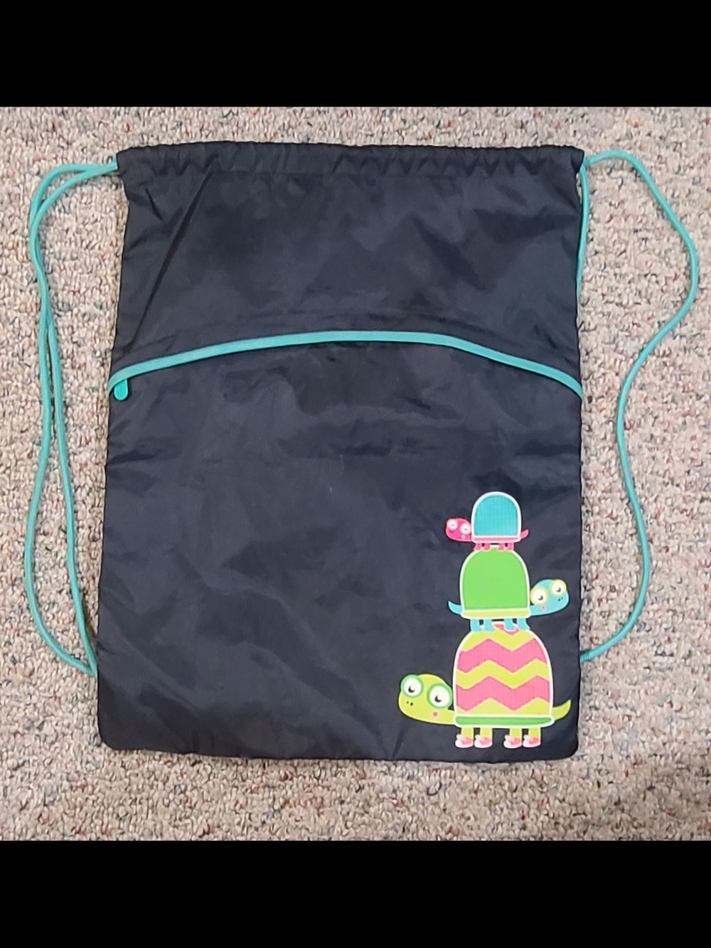 Navy Blue Thirty One Drawstring Backpack with Colorful Turtle Design